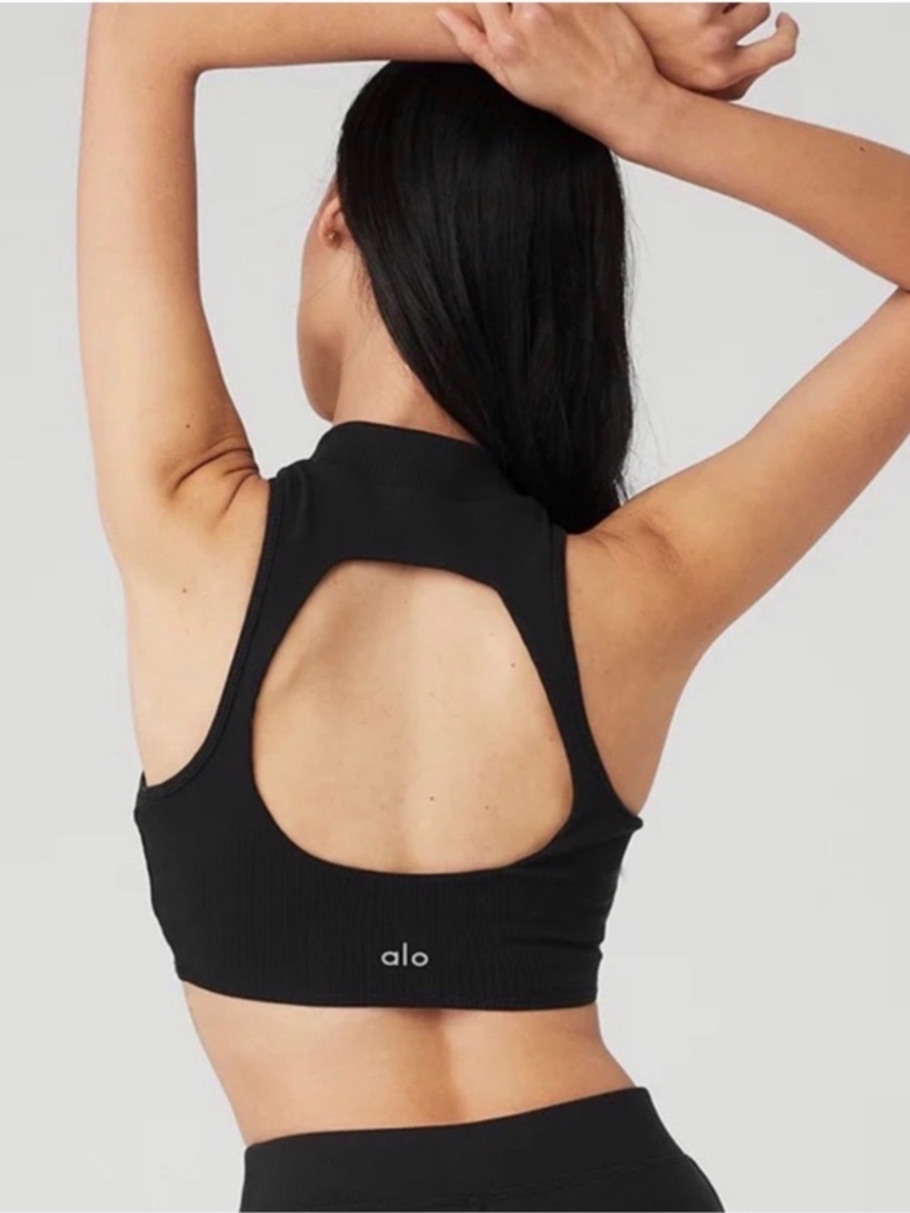 Alo Open Back Ribbed High-Neck Sports Bra – Black | Small